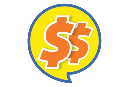Yellow speech bubble with two orange dollar signs in it